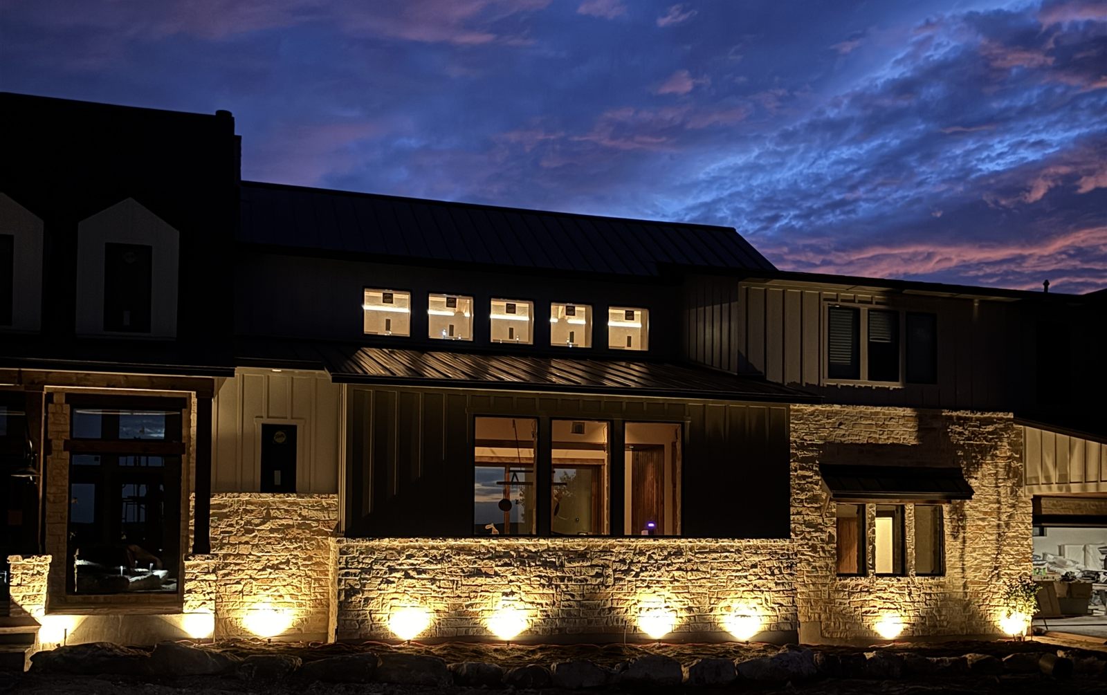 The ranch lodge at dusk